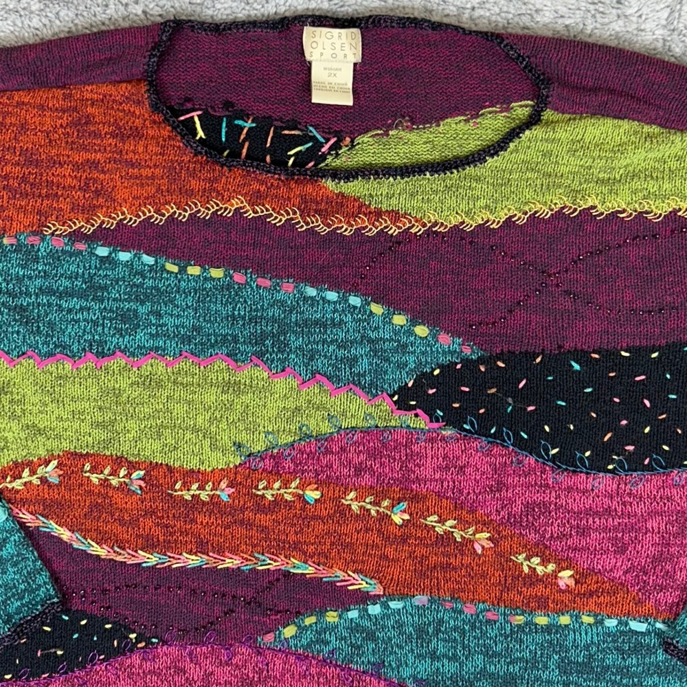 Sigrid Olsen Sport Woman 2X Silk Blend Patchwork Embroidered Beaded Sweater